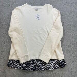 J Crew Womens Crewneck Sweatshirt White Polka Dot Ruffle Hem Pullover Top M